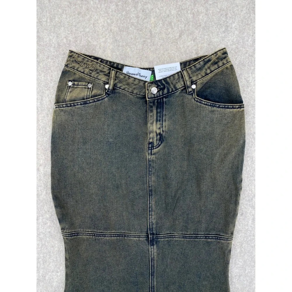 House of Sunny Law of Attraction Denim Mermaid Skirt Acid Wash Yellow Blue Maxi
